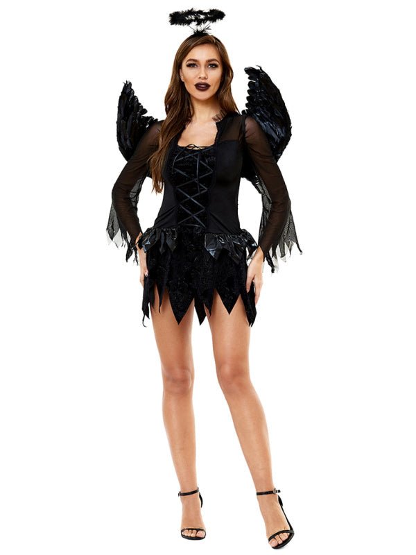 a woman in a black costume with wings