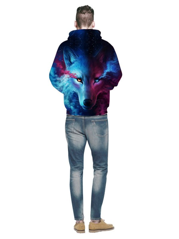 a man wearing a hoodie with an image of a wolf on it