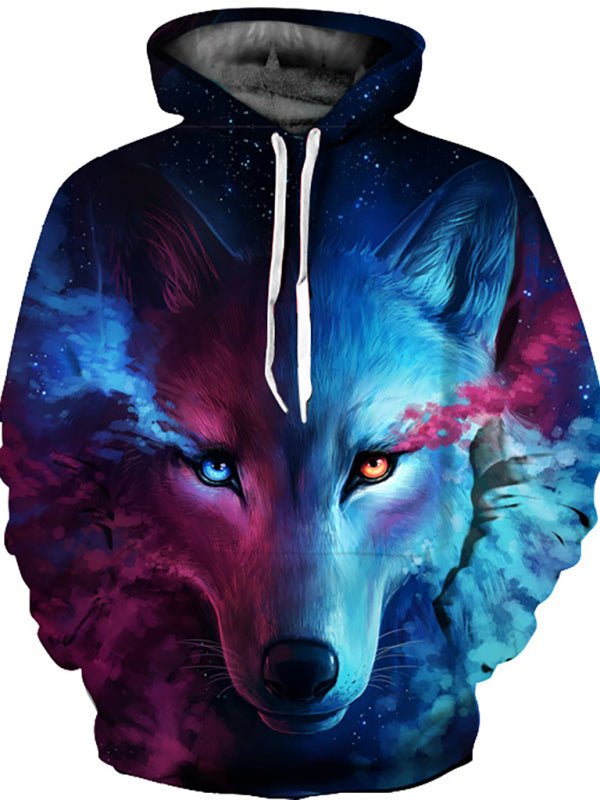 a wolf with blue eyes and a galaxy background on a hoodie