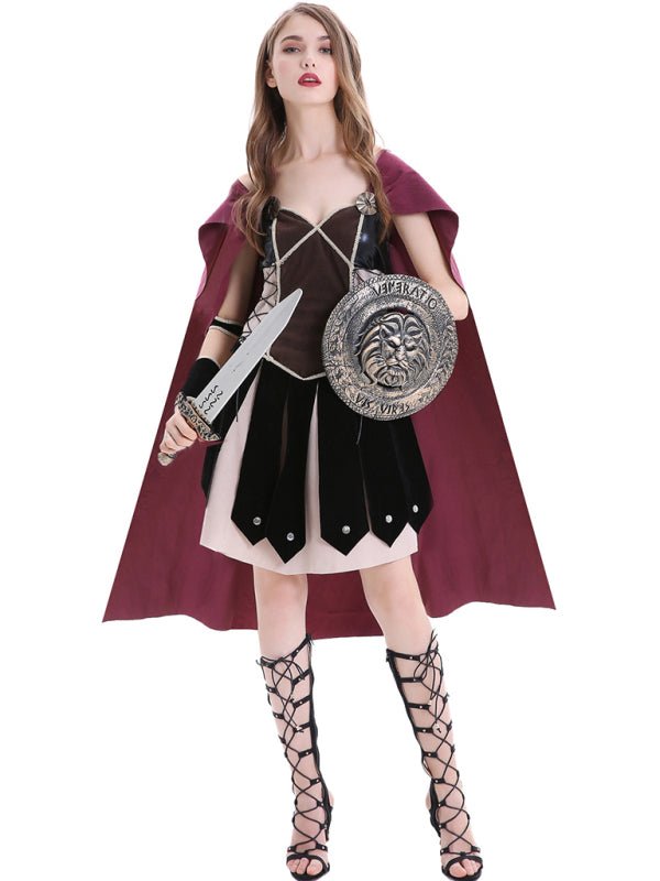 a woman in a costume with a sword and shield