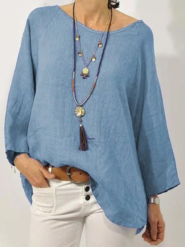 Top Solid Color Cotton Linen Round Neck Raglan Sleeve Cropped Sleeve Blouse