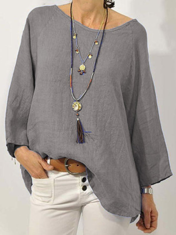Top Solid Color Cotton Linen Round Neck Raglan Sleeve Cropped Sleeve Blouse