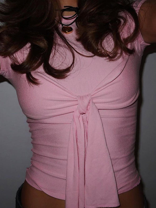 T-Shirt à manches courtes et col rond pour femme, vêtement à lacets avec nœud enveloppé sur la poitrine 