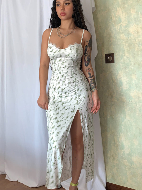 Damenmode neues kleines Blumen-Hosenträgerkleid mit Schlitz 