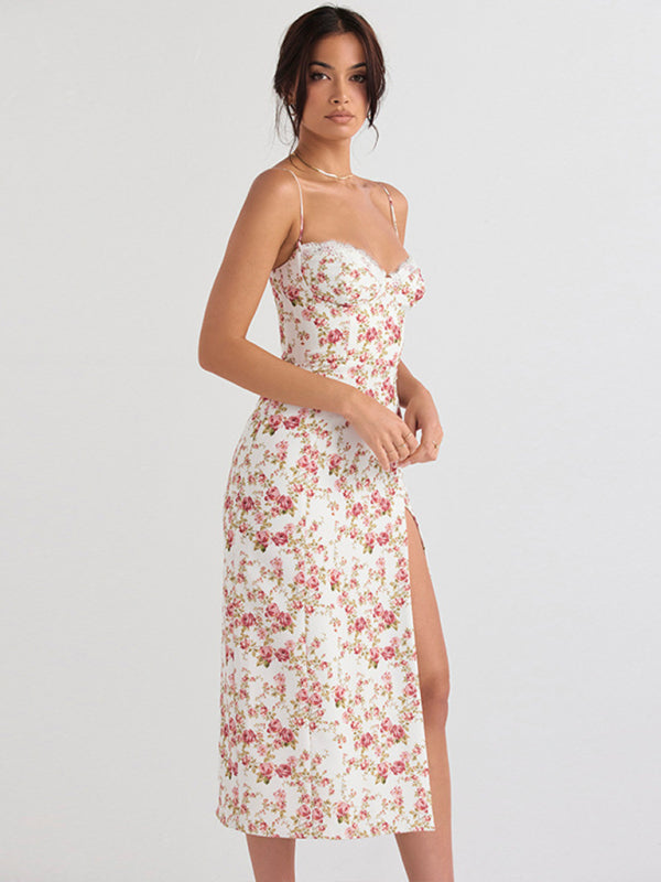 Damenmode neues kleines Blumen-Hosenträgerkleid mit Schlitz 