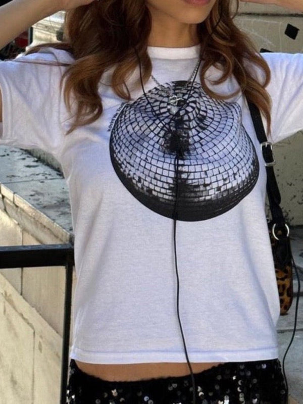 Neues Damen-Kurz-T-Shirt mit rundem Ball-Buchstabendruck, schlankem Straßentrend und Rundhalsausschnitt 