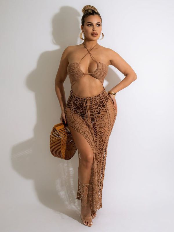 a woman in a brown bikini top and skirt