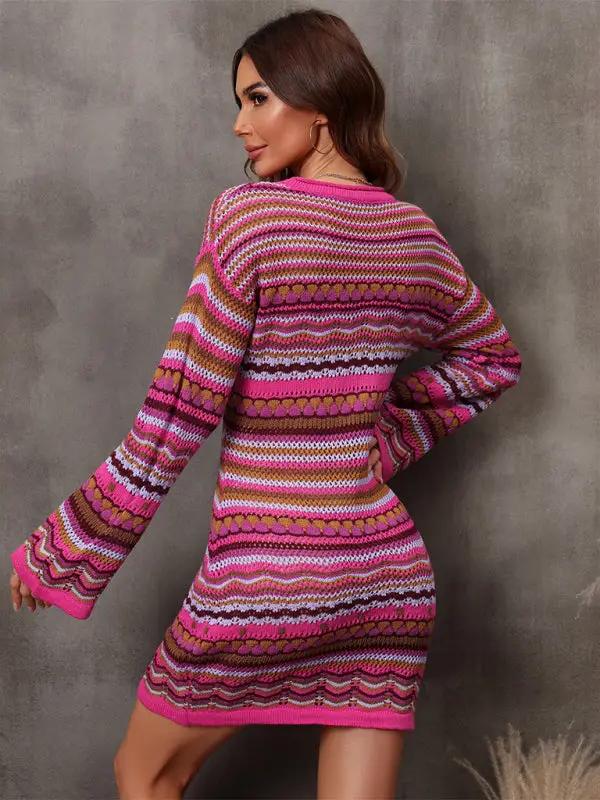Robe longue tricotée à rayures et patchwork ajouré pour femmes 