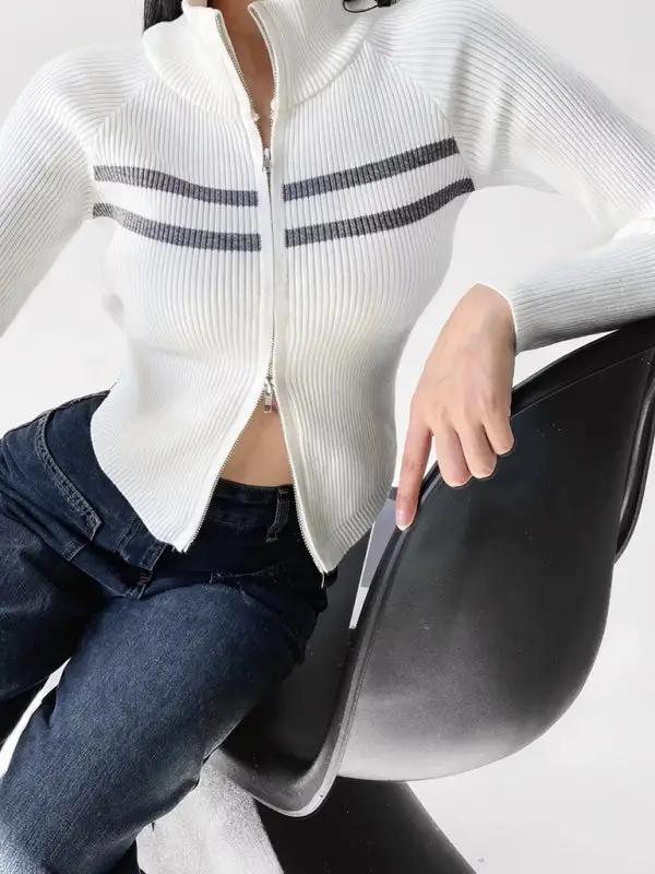Veste cardigan tricotée à manches longues et à fermeture éclair à double extrémité pour femme, rayée, à la taille, incurvée, nouvelle collection 