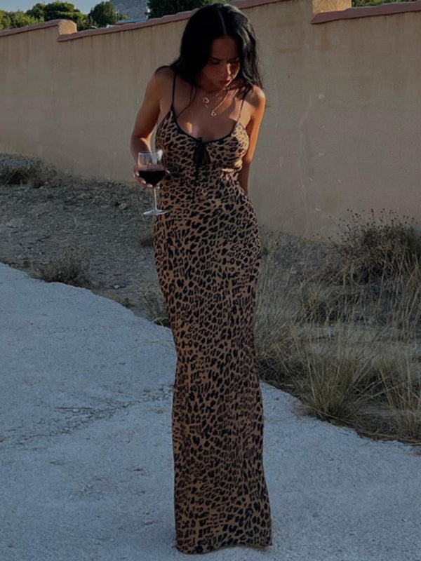 Robe dos nu sexy à imprimé léopard pour femmes, col licou, bretelles à la mode 