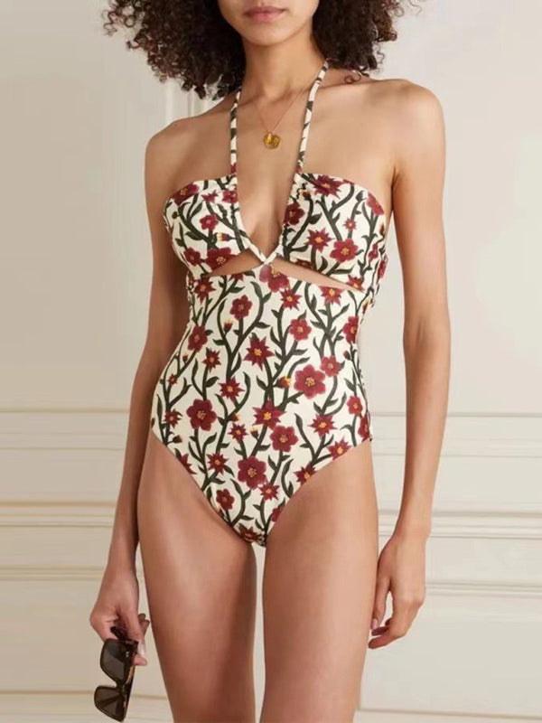 a woman in a floral print swimsuit