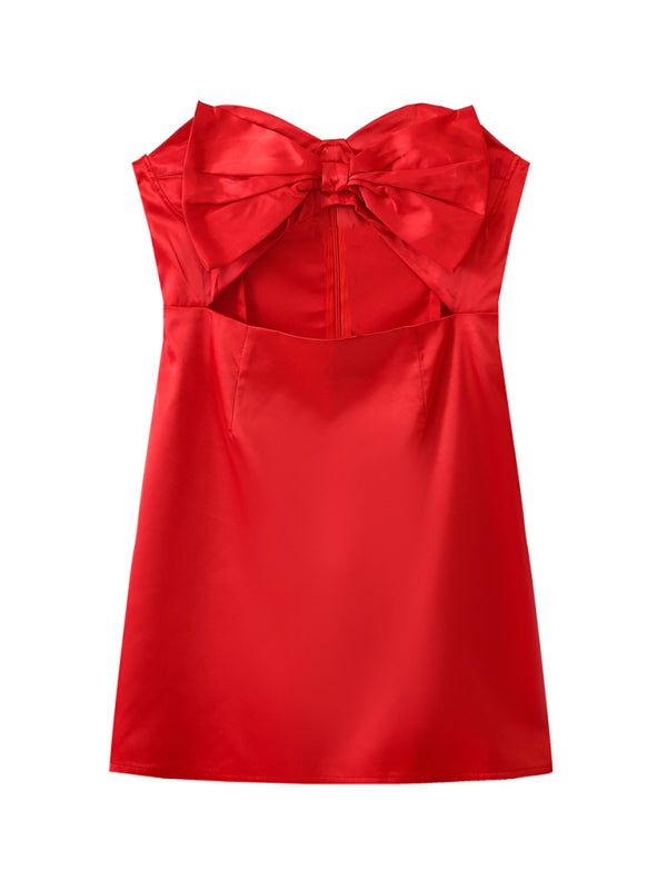 Fashionable and sexy slim-fitting red bow tube top dress