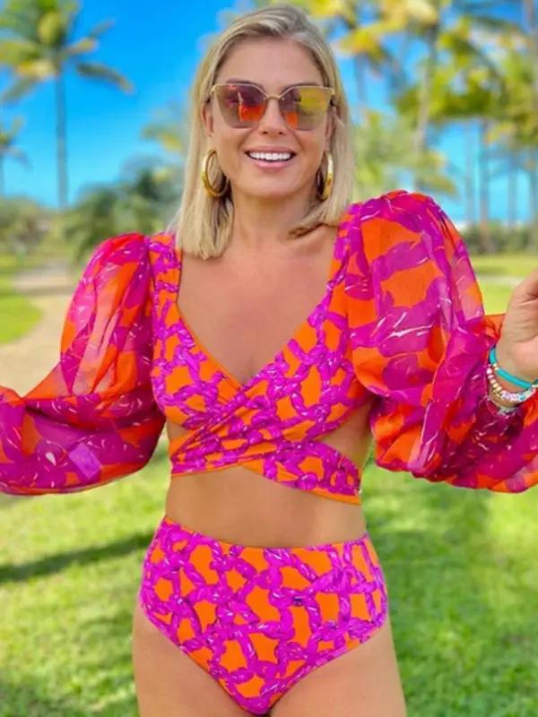 New stylish and sexy printed vacation long-sleeved bikini three-piece set (top + pants + skirt)