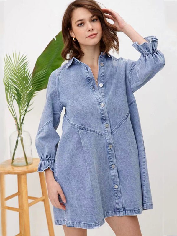 a woman wearing a denim dress with ruffled sleeves