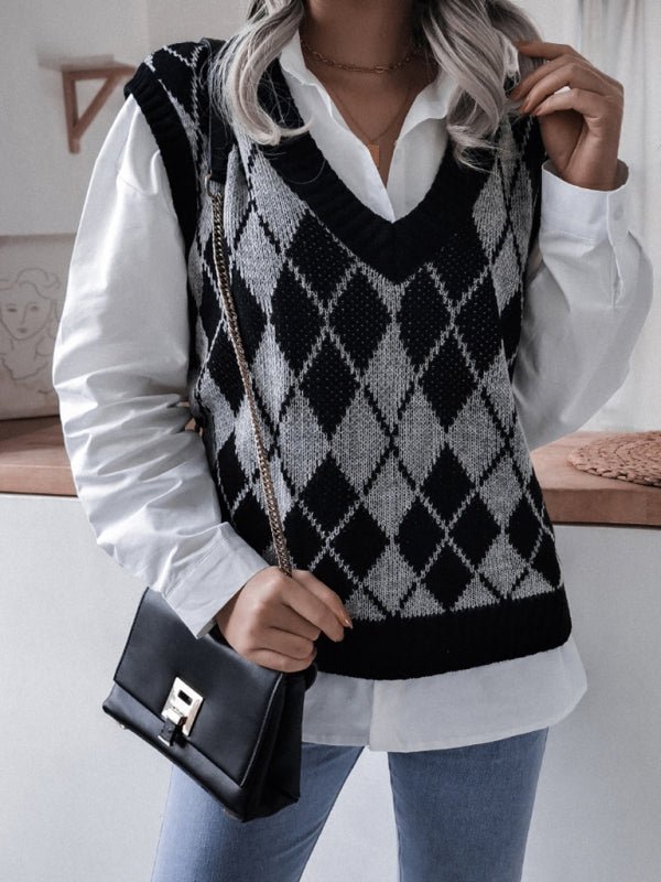 a woman wearing a black and white argyle sweater vest