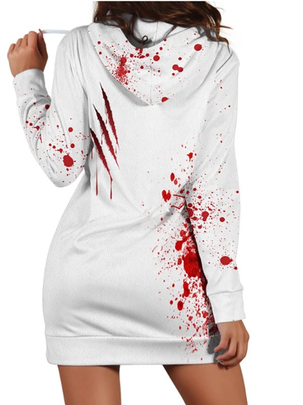a woman in a white dress with blood splattered on it