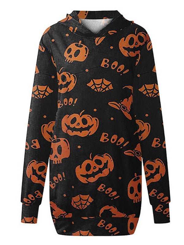 a black and orange sweatshirt with skulls and pumpkins on it