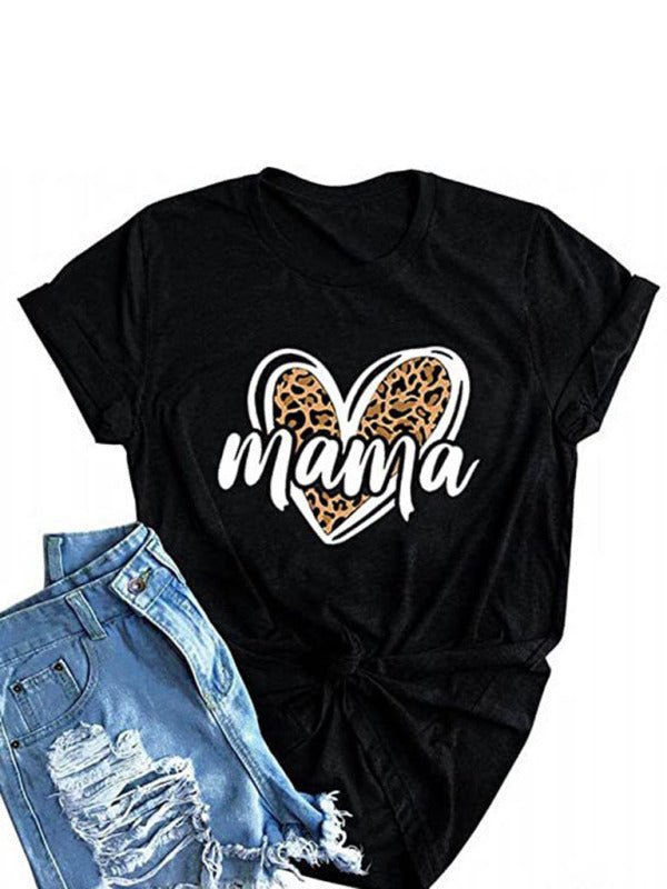 a black shirt that says mama with a heart and leopard print