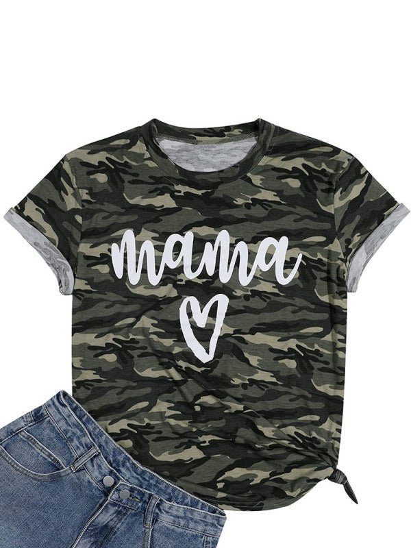 a camo shirt and jean shorts with the word mama on it