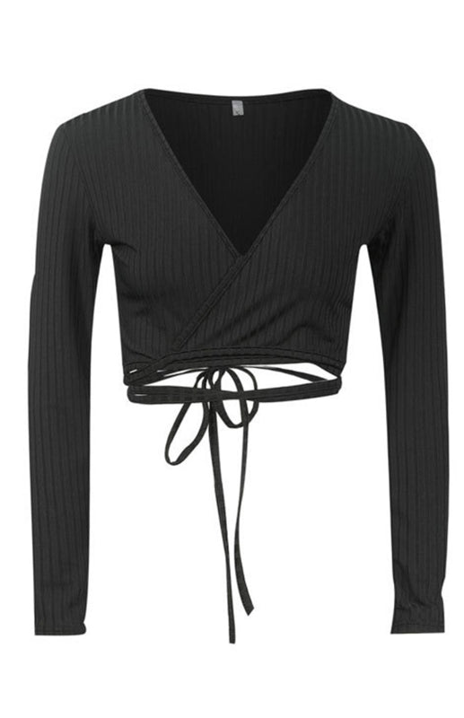 a cropped black top with a tie around the waist