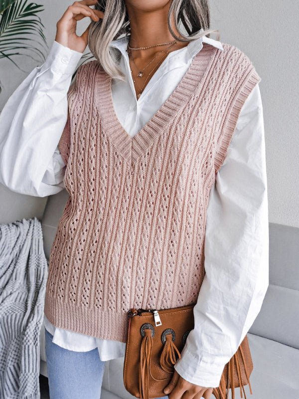 a woman wearing a pink cable knit sweater vest