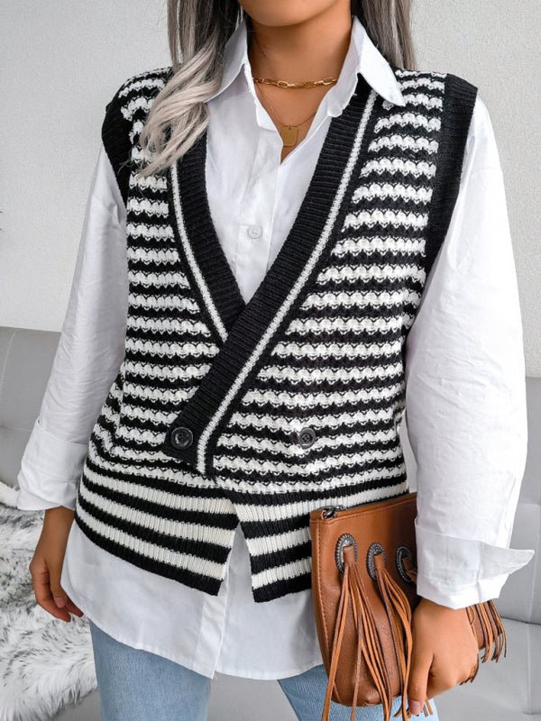 a woman wearing a black and white striped vest